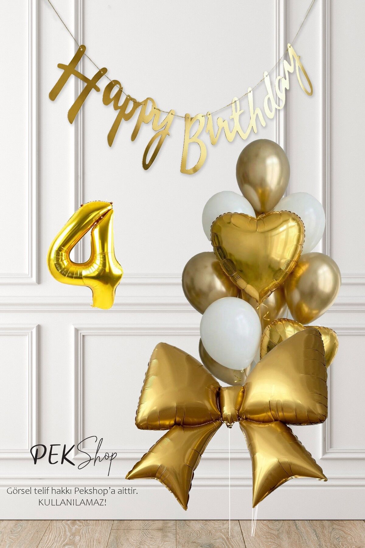 Gold Fiyonk Balonlu Altın Beyaz Tema Gold Bannerlı Doğum Günü Süsleme Balon Seti Set241 4