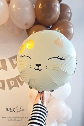 Yuvarlak Kedi Kafası Balon Beyaz Kedi Kafası Folyo Balon