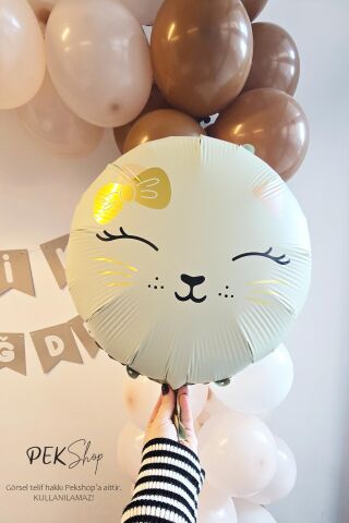 Yuvarlak Kedi Kafası Balon Beyaz Kedi Kafası Folyo Balon