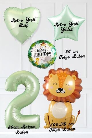 Safari Tema Doğum Günü Yaş Balonlu Retro Yeşil Safari Balonları Sevimli Aslan Balonlu Set 2