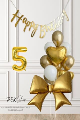 Gold Fiyonk Balonlu Altın Beyaz Tema Gold Bannerlı Doğum Günü Süsleme Balon Seti Set241 5
