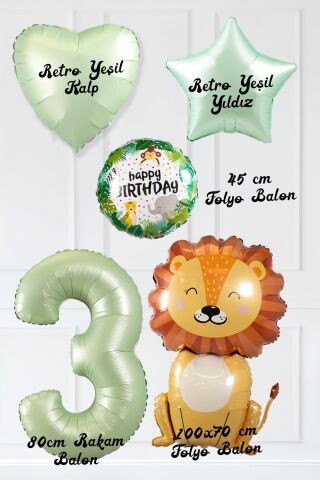 Safari Tema Doğum Günü Yaş Balonlu Retro Yeşil Safari Balonları Sevimli Aslan Balonlu Set 3