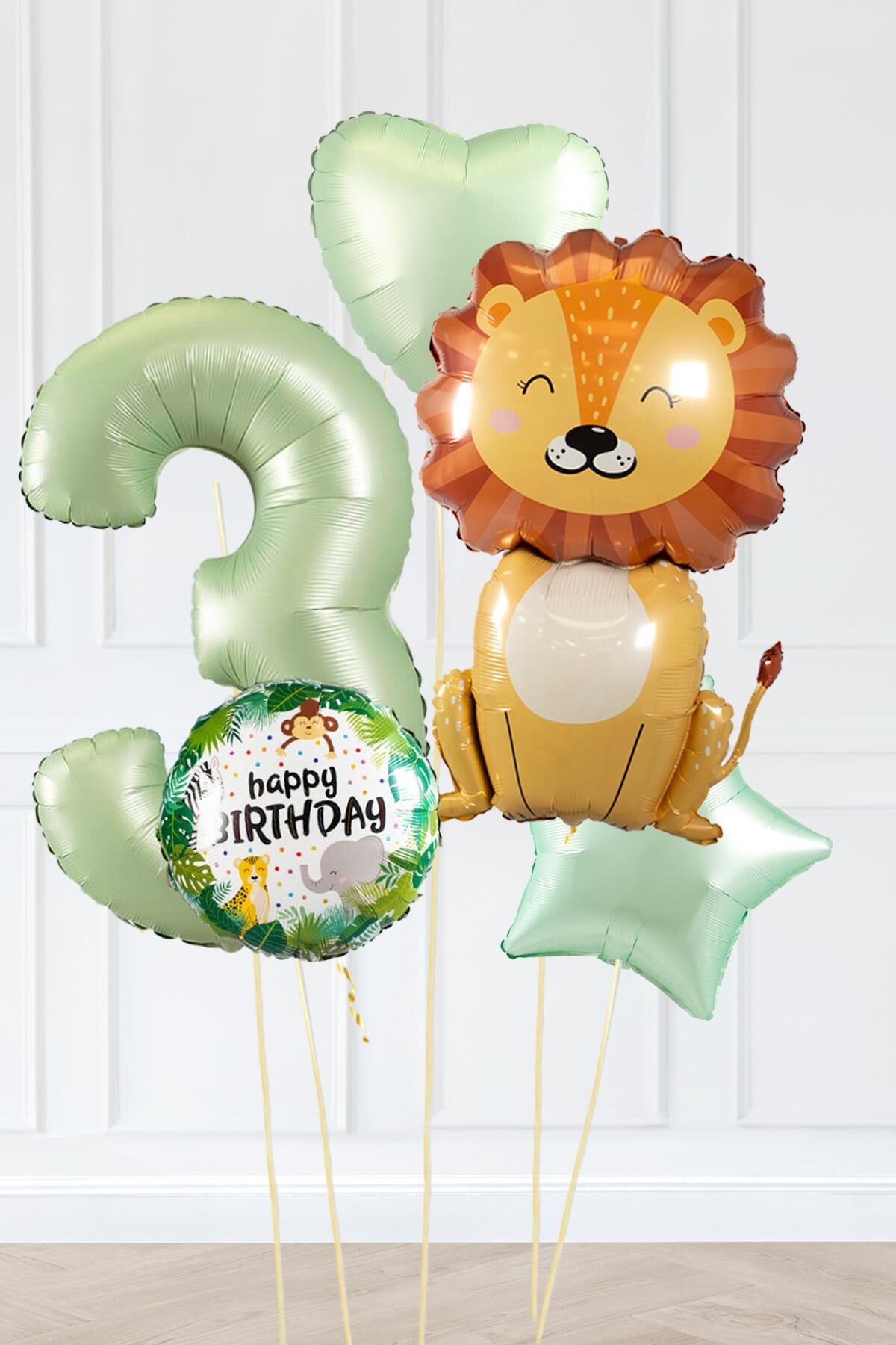 Safari Tema Doğum Günü Yaş Balonlu Retro Yeşil Safari Balonları Sevimli Aslan Balonlu Set 3