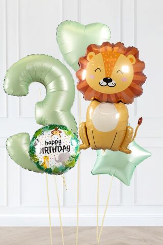 Safari Tema Doğum Günü Yaş Balonlu Retro Yeşil Safari Balonları Sevimli Aslan Balonlu Set 3