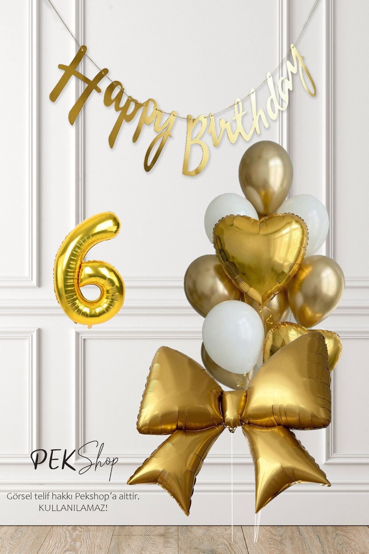 Gold Fiyonk Balonlu Altın Beyaz Tema Gold Bannerlı Doğum Günü Süsleme Balon Seti Set241 6