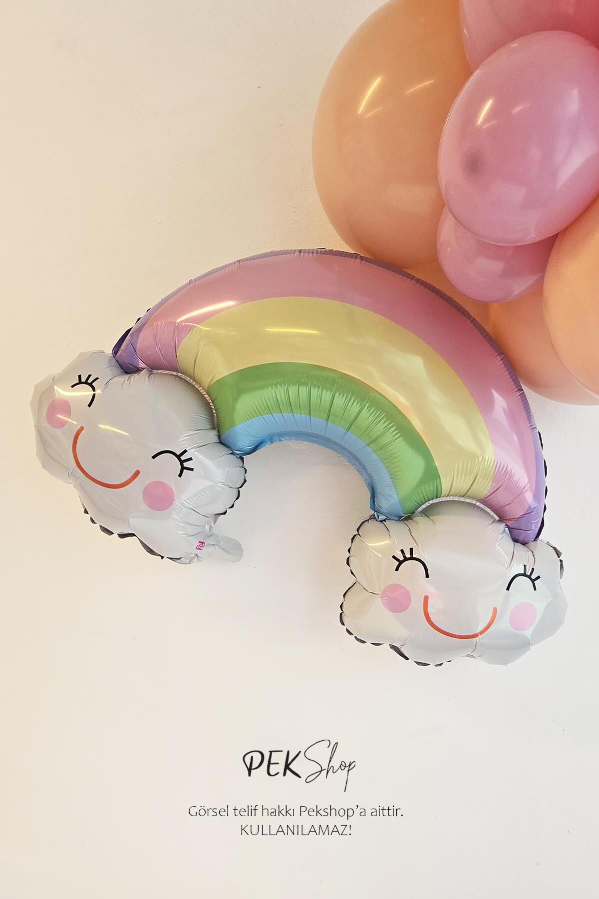 Gülümseyen Bulutlu Gökkuşağı Balon Bulutlar ve Gökkuşağı Folyo Balon