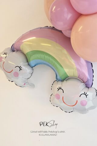 Gülümseyen Bulutlu Gökkuşağı Balon Bulutlar ve Gökkuşağı Folyo Balon