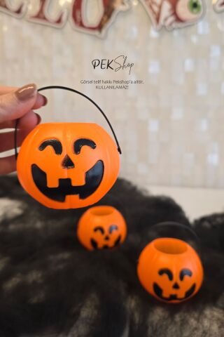 Cadılar Bayramı Mini Şeker Kovası 3lü Paket Kulplu Kabak Kova Minik