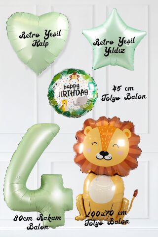 Safari Tema Doğum Günü Yaş Balonlu Retro Yeşil Safari Balonları Sevimli Aslan Balonlu Set 4