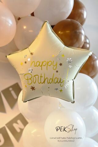 Happy Birthday Yazılı Retro Krem Yıldız Balon Retro Yıldız Folyo Balon 45cm