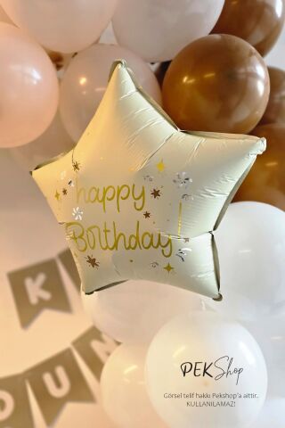 Happy Birthday Yazılı Retro Krem Yıldız Balon Retro Yıldız Folyo Balon 45cm