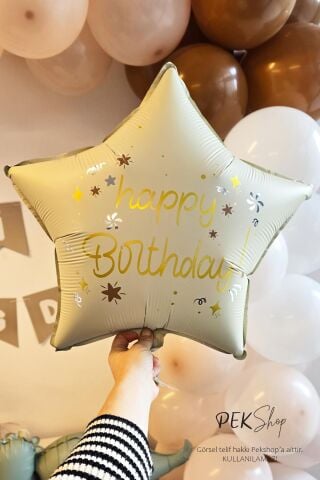Happy Birthday Yazılı Retro Krem Yıldız Balon Retro Yıldız Folyo Balon 45cm