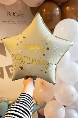 Happy Birthday Yazılı Retro Krem Yıldız Balon Retro Yıldız Folyo Balon 45cm