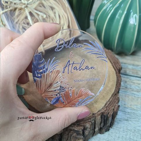 Lacivert Kahve Yapraklar Konsept Şeffaf Pleksi Magnet Kutusuz