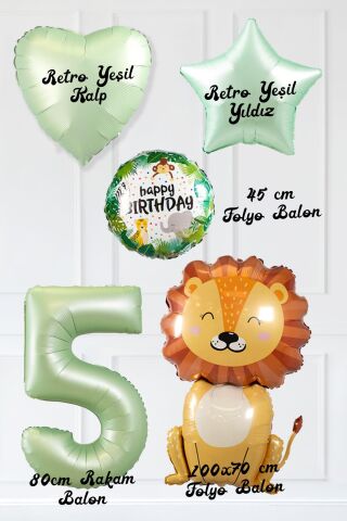 Safari Tema Doğum Günü Yaş Balonlu Retro Yeşil Safari Balonları Sevimli Aslan Balonlu Set 5