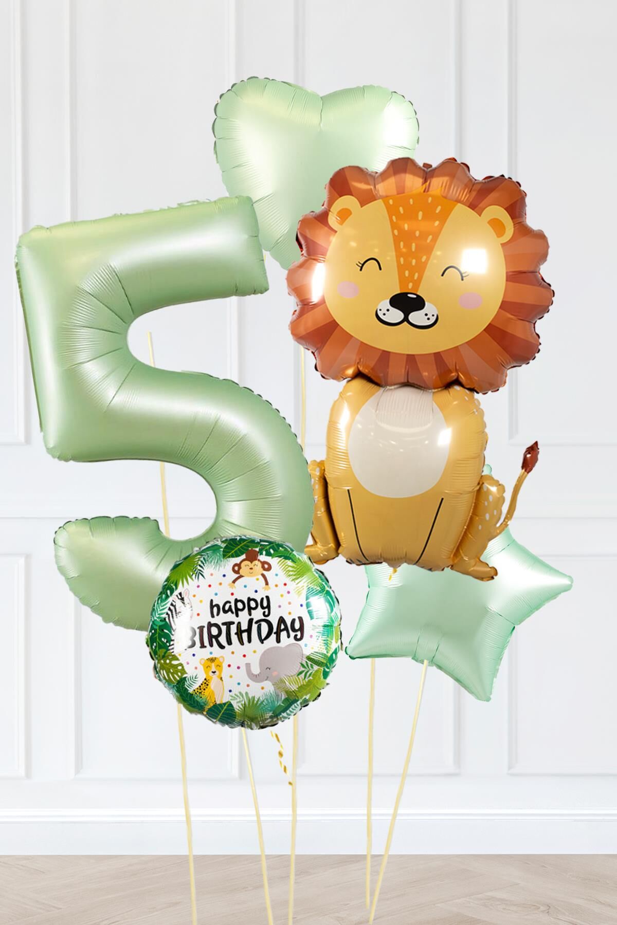 Safari Tema Doğum Günü Yaş Balonlu Retro Yeşil Safari Balonları Sevimli Aslan Balonlu Set 5