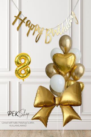 Gold Fiyonk Balonlu Altın Beyaz Tema Gold Bannerlı Doğum Günü Süsleme Balon Seti Set241 8