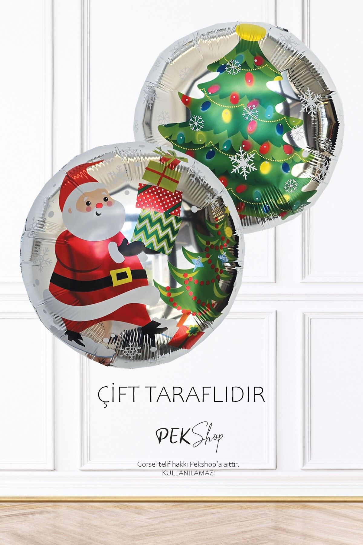 Yuvarlak Noel Baba Yılbaşı Ağacı Desenli Yılbaşı Balonu Çift Taraflı