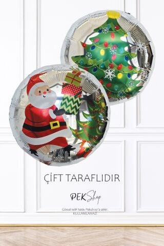 Yuvarlak Noel Baba Yılbaşı Ağacı Desenli Yılbaşı Balonu Çift Taraflı