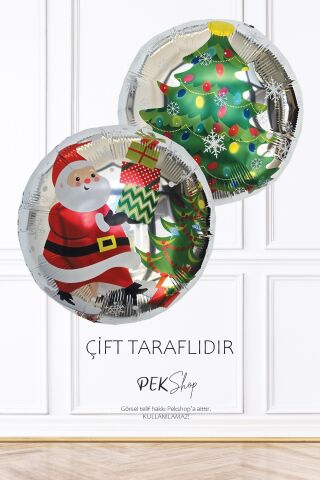 Yuvarlak Noel Baba Yılbaşı Ağacı Desenli Yılbaşı Balonu Çift Taraflı