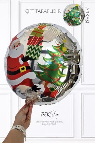 Yuvarlak Noel Baba Yılbaşı Ağacı Desenli Yılbaşı Balonu Çift Taraflı