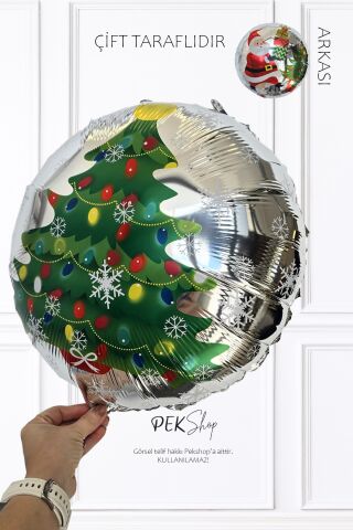 Yuvarlak Noel Baba Yılbaşı Ağacı Desenli Yılbaşı Balonu Çift Taraflı