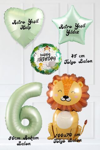 Safari Tema Doğum Günü Yaş Balonlu Retro Yeşil Safari Balonları Sevimli Aslan Balonlu Set 6