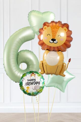 Safari Tema Doğum Günü Yaş Balonlu Retro Yeşil Safari Balonları Sevimli Aslan Balonlu Set 6