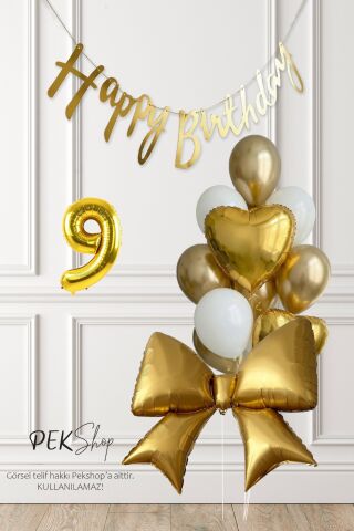 Gold Fiyonk Balonlu Altın Beyaz Tema Gold Bannerlı Doğum Günü Süsleme Balon Seti Set241 9