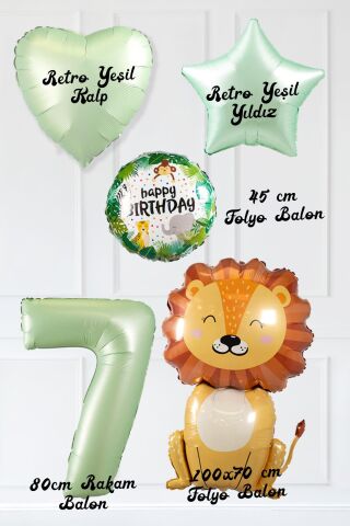Safari Tema Doğum Günü Yaş Balonlu Retro Yeşil Safari Balonları Sevimli Aslan Balonlu Set 7