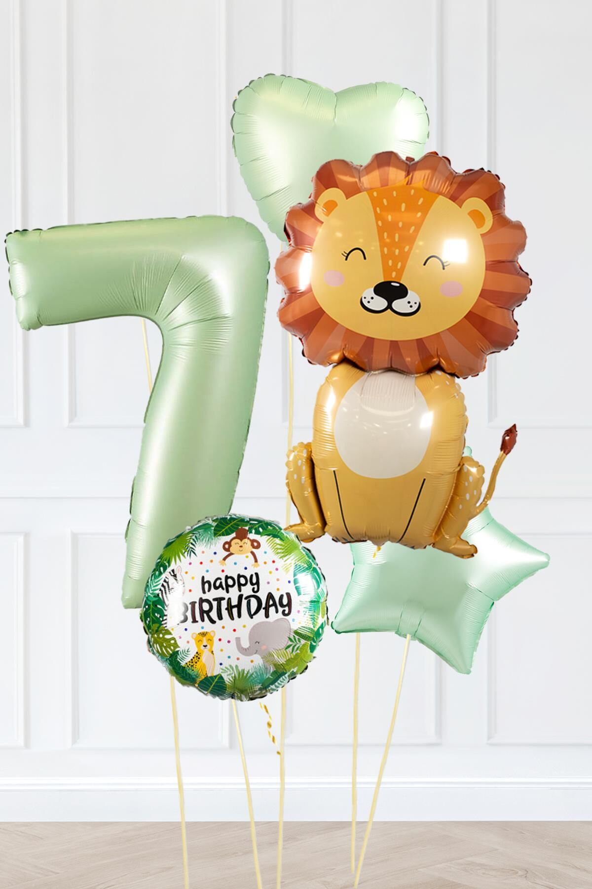 Safari Tema Doğum Günü Yaş Balonlu Retro Yeşil Safari Balonları Sevimli Aslan Balonlu Set 7