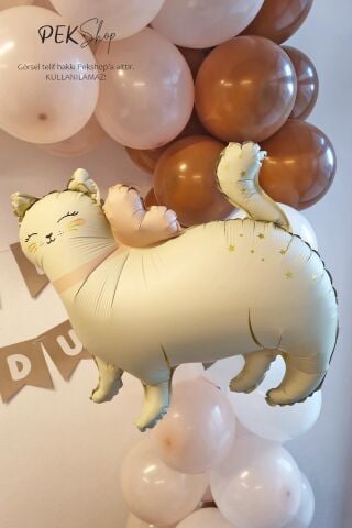 Gold Detaylı Retro Kedi Folyo Balon Ayaklı Retro Beyaz