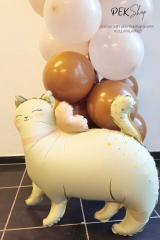 Gold Detaylı Retro Kedi Folyo Balon Ayaklı Retro Beyaz