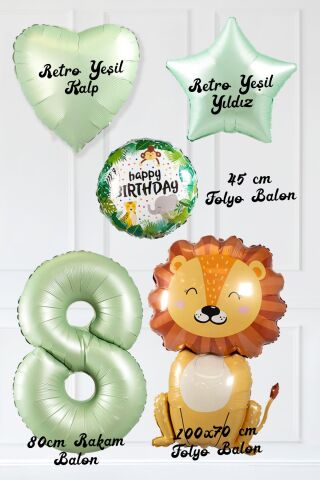 Safari Tema Doğum Günü Yaş Balonlu Retro Yeşil Safari Balonları Sevimli Aslan Balonlu Set 8