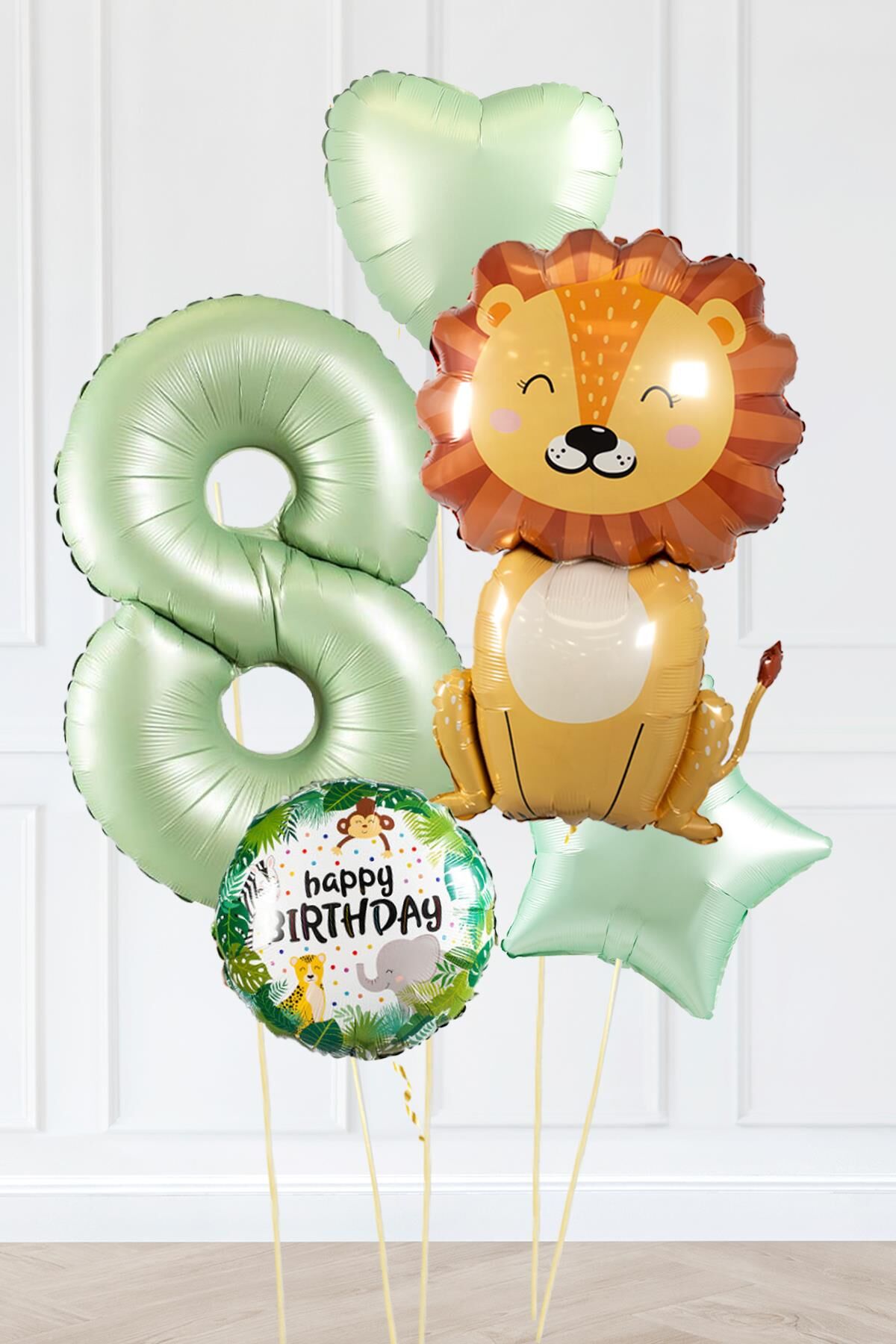 Safari Tema Doğum Günü Yaş Balonlu Retro Yeşil Safari Balonları Sevimli Aslan Balonlu Set 8