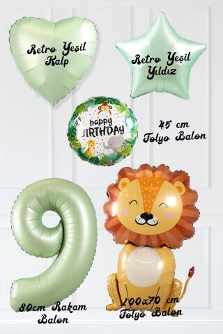Safari Tema Doğum Günü Yaş Balonlu Retro Yeşil Safari Balonları Sevimli Aslan Balonlu Set 9