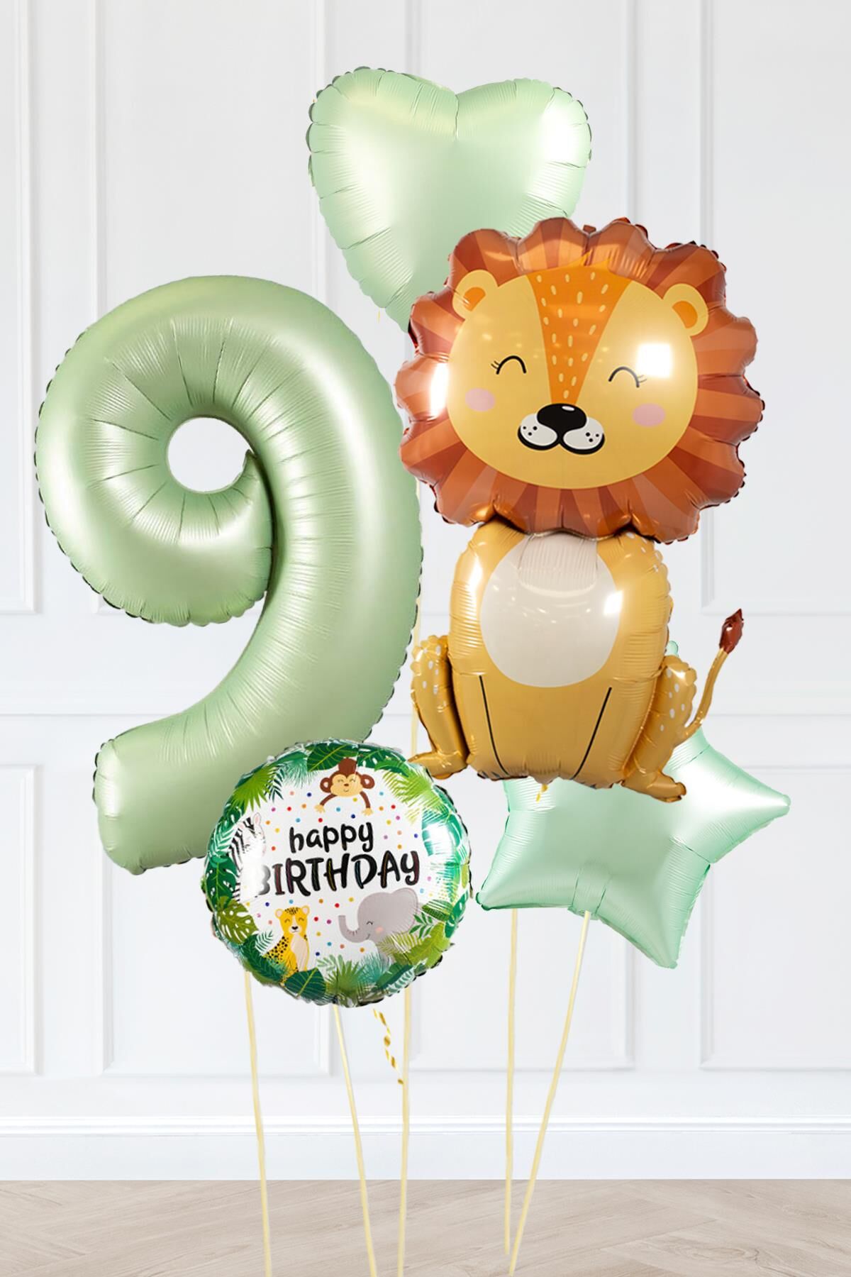 Safari Tema Doğum Günü Yaş Balonlu Retro Yeşil Safari Balonları Sevimli Aslan Balonlu Set 9