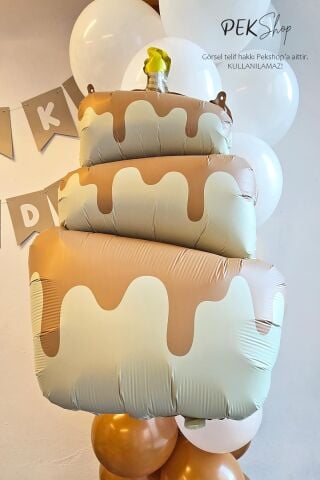 Retro Krem Pasta Folyo Balon Retro Mumlu 3 Katlı Pasta Balon