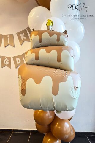 Retro Krem Pasta Folyo Balon Retro Mumlu 3 Katlı Pasta Balon