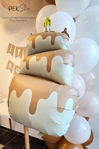 Retro Krem Pasta Folyo Balon Retro Mumlu 3 Katlı Pasta Balon