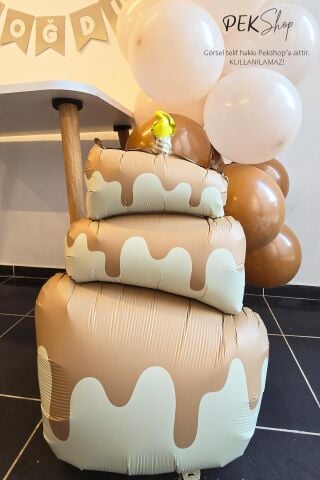 Retro Krem Pasta Folyo Balon Retro Mumlu 3 Katlı Pasta Balon