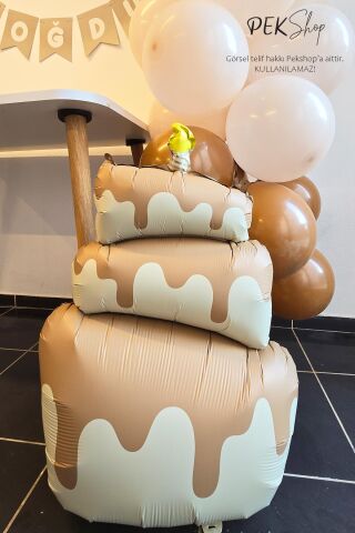 Retro Krem Pasta Folyo Balon Retro Mumlu 3 Katlı Pasta Balon