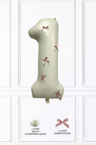 Pembe Fiyonk Kurdeleli Retro Krem Yaş Balonu Rakam Balon