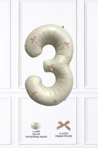 Pembe Fiyonk Kurdeleli Retro Krem Yaş Balonu Rakam Balon