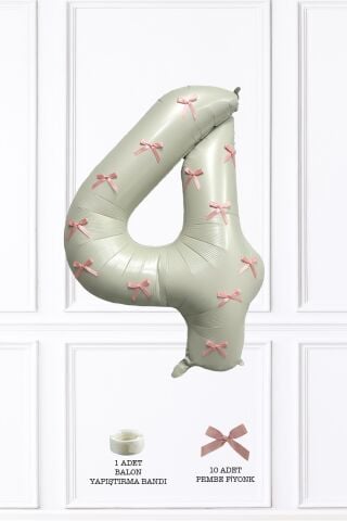 Pembe Fiyonk Kurdeleli Retro Krem Yaş Balonu Rakam Balon