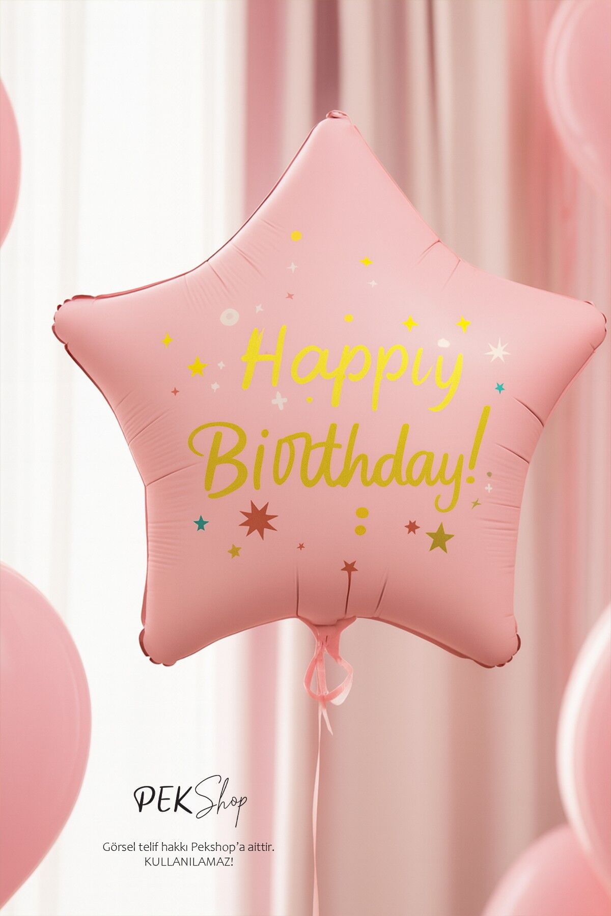Happy Birthday Yazılı PEMBE Yıldız Balon Retro Yıldız Folyo Balon 45cm