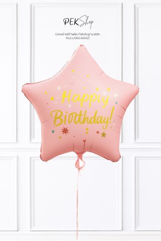 Happy Birthday Yazılı PEMBE Yıldız Balon Retro Yıldız Folyo Balon 45cm