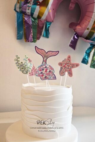 Deniz Kızı Konsept Parlak Pasta Süsleri 6lı Set Simli Deniz Kızı Kürdan Süsler