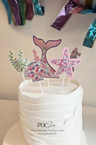 Deniz Kızı Konsept Parlak Pasta Süsleri 6lı Set Simli Deniz Kızı Kürdan Süsler