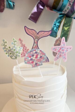 Deniz Kızı Konsept Parlak Pasta Süsleri 6lı Set Simli Deniz Kızı Kürdan Süsler